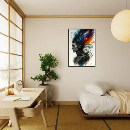 Gerahmtes Poster Machine des Geistes: Schwarzweiß-Porträt mit farbiger abstrakter Wandkunst
