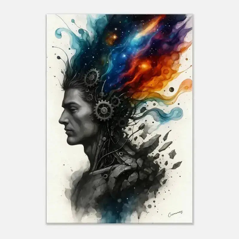 Bunte Galaxie-Poster mit abstrakten Zahnrädern und kosmischen Motiven auf Curiocanvas Leinwand