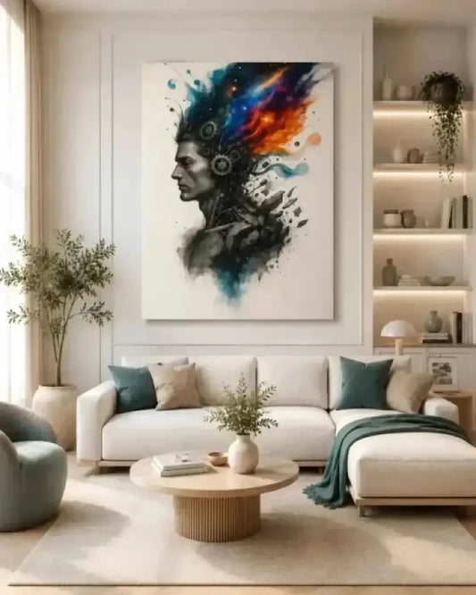 Ein lebhaftes abstraktes porträt mit mechanik- und kosmischen farben als curiocanvas poster oder print