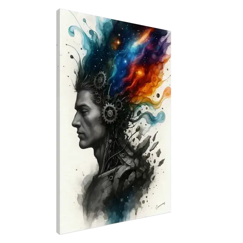 Futuristischer Kopf mit kosmischen Elementen und Zahnrädern auf Curiocanvas Leinwand Mechanik