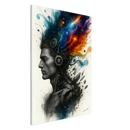 Futuristischer Kopf mit kosmischen Elementen und Zahnrädern auf Curiocanvas Leinwand Mechanik