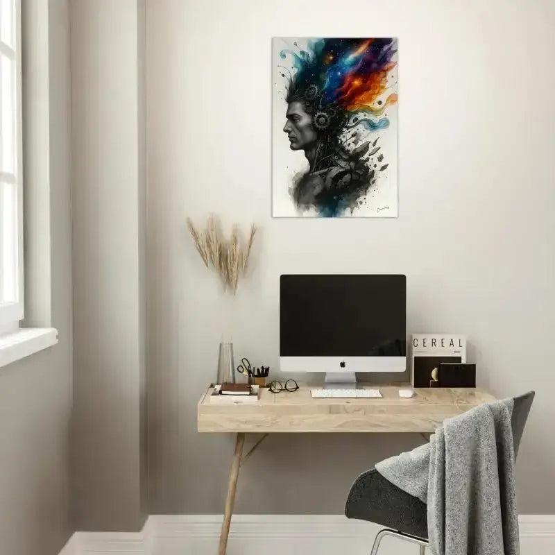 Holzschreibtisch mit iMac, Curiocanvas und Mechanik-Zubehör