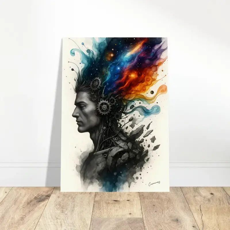 Poster Machine des Geistes: Mannsprofil mit kosmischen & mechanischen Elementen