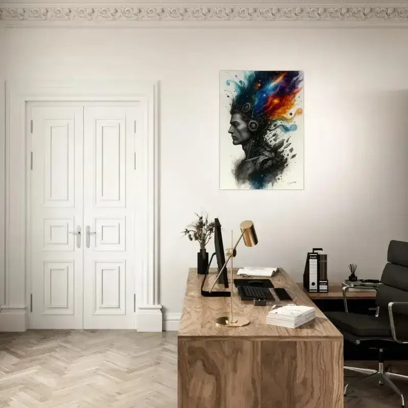 Holzschreibtisch mit moderner Lampe, Bürostuhl und Machine des Geistes Poster