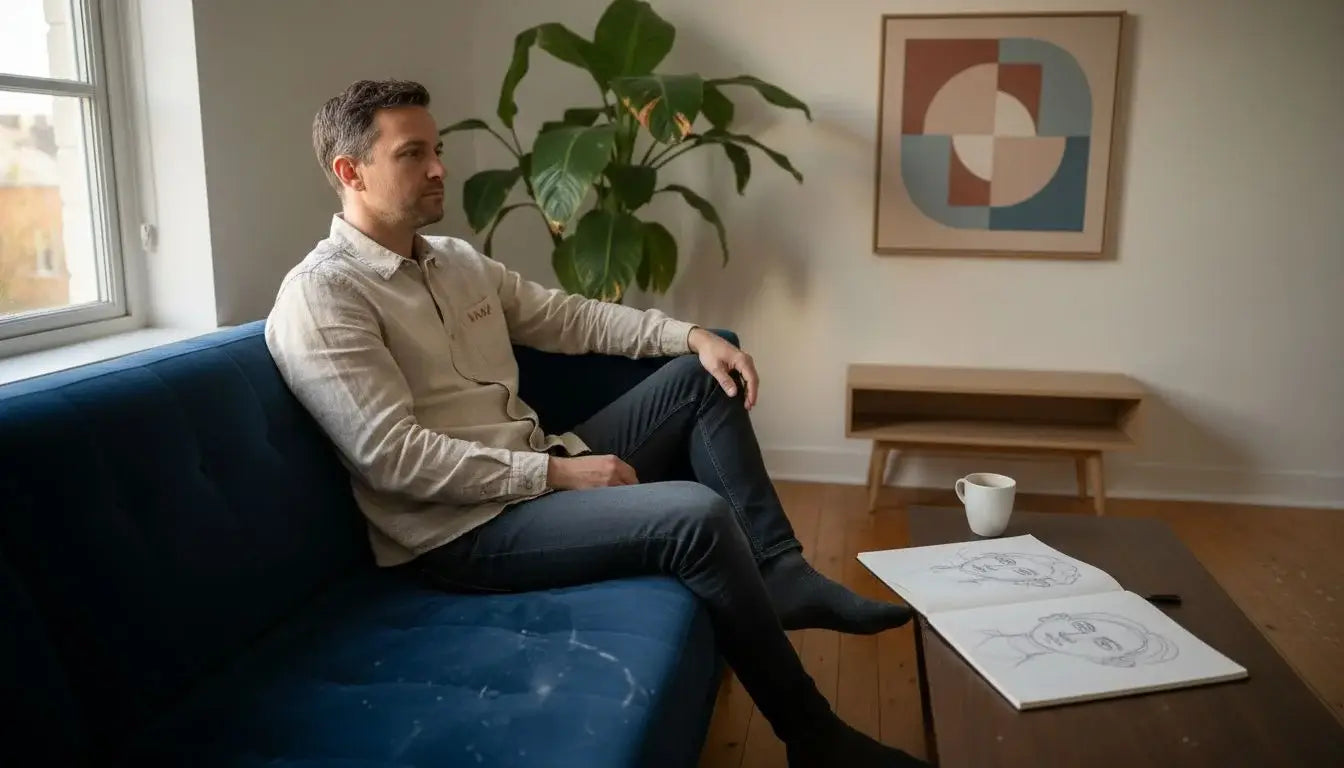 A man stands in the room and lets his gaze wander over the simple wall art.