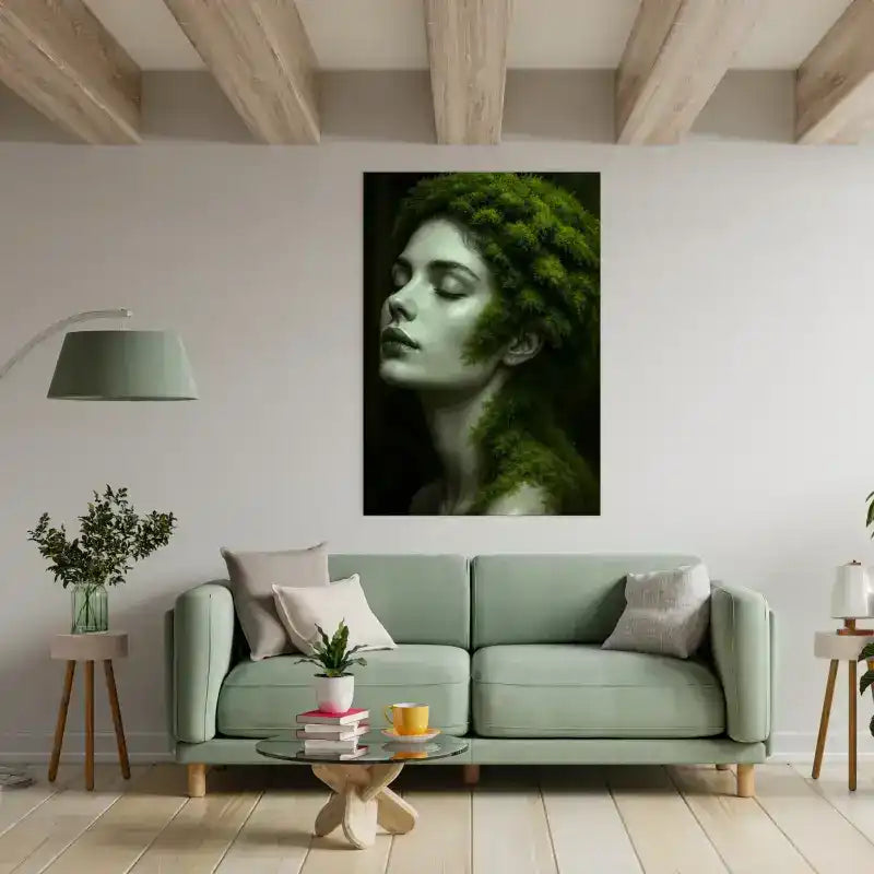 Ein modernes Wohnzimmer mit einem hellgrünen Sofa, einem einzigartigen Couchtisch und naturnaher Kunst.
