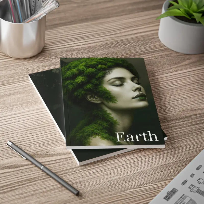 A journal mit Frauenporträt, grünen Blättern als Haar und Kleidung, Natur-Inspiration