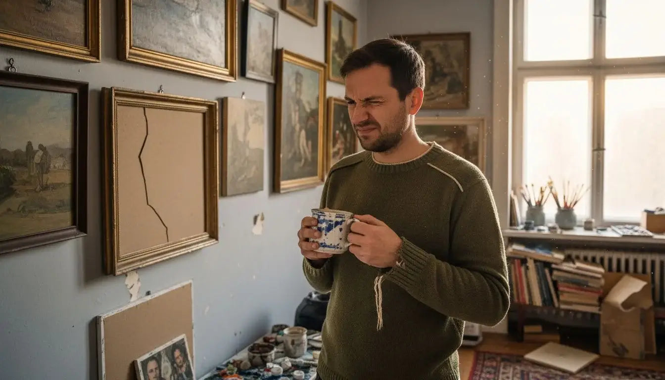 A person selects a work of art from their private picture gallery at home.