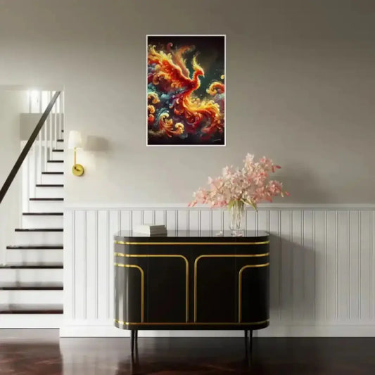 Gerahmtes poster phoenixruf mit feurigem phoenixkunstwerk in weißem rahmen über schwarzem konsolentisch mit goldakzenten
