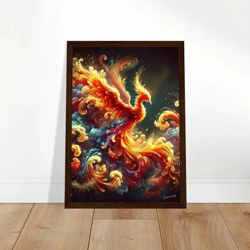 Lebendiges Phönix gerahmtes Poster in Orange-Rot-Gelb