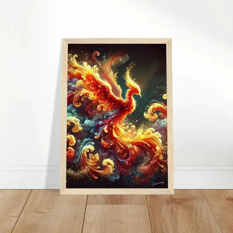 Gerahmtes Phoenix-Poster mit orangefarbenen Flammen auf dunklem Hintergrund
