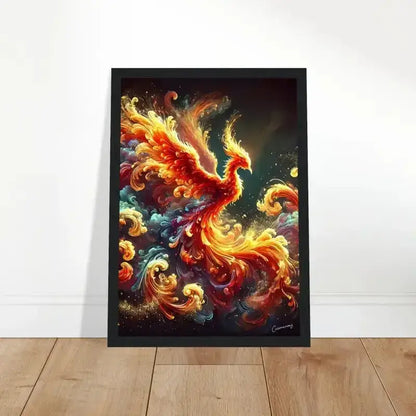 Gerahmtes Phoenix-Poster mit orangen und roten Federn in Schwarzrahmen