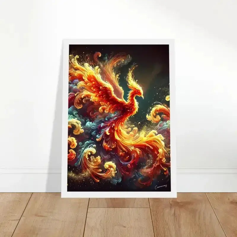 Gerahmtes Phoenix-Poster mit orangefarbenen Federn im weißen Rahmen