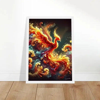 Gerahmtes Phoenix-Poster mit orangefarbenen Federn im weißen Rahmen