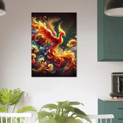 Leinwanddruck Phönixruf mit vibranten Farben, fließenden Federn aus Asche von Curiocanvas