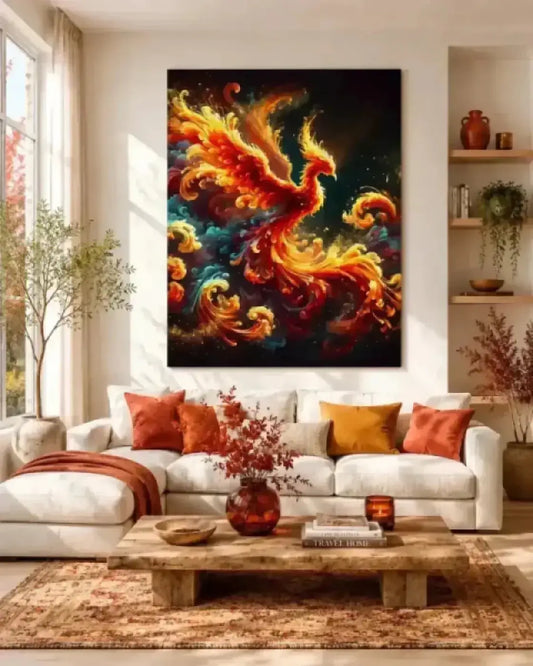 Vibrantes phoenix-visual artwork in orange und gelb auf dunklem canvasposter über sofa von asche und curiocanvas