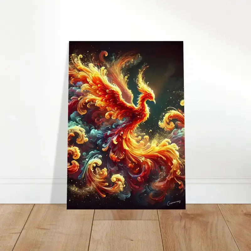 Vibrantes Phönix-Poster-Print mit Flammen auf Schwarz