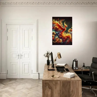 Modernes Holzschreibtisch-Design mit Goldakzenten und Phönixruf-Poster