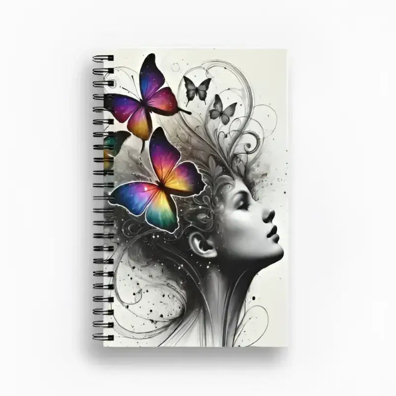 Spirales Notizbuch Schmetterlings Gedanken mit farbigem Schmetterlingsdesign und monochromem Frauenprofil