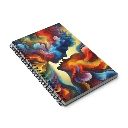 Seelenkuss Notizbuch mit spiralförmigem Design in Rot, Orange, Blau und Gelb