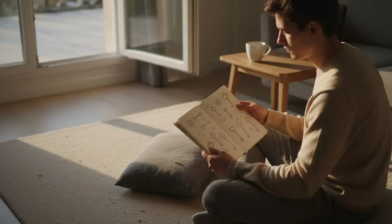A man flips through his sketchbook and looks at the symbols drawn in it.