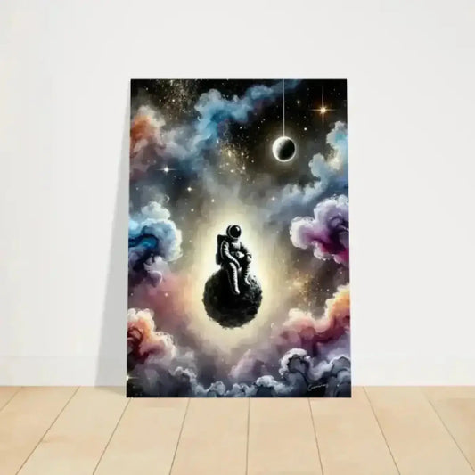 Ein verticaler canvas print zwischen sternen und stille zeigt einen schwarzen astronauten auf einem schwebenden stein in bunten kosmischen wolken und sternen