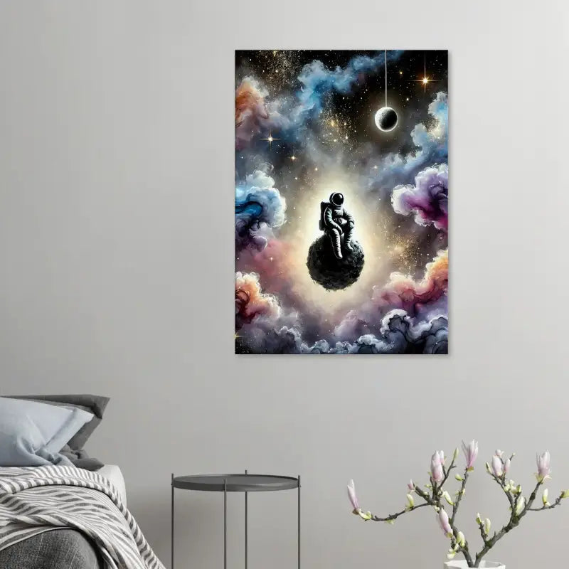 Astronaut sitzt auf einem Planeten zwischen bunten Wolken und Sternen in Zwischens Starn und Stille