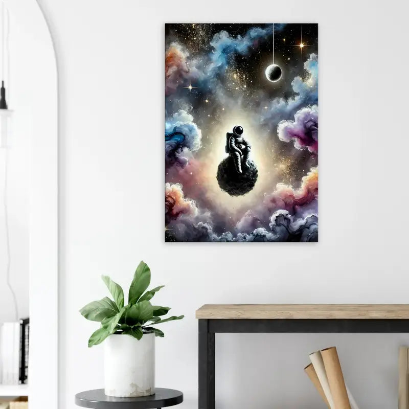 Astronaut sitzt auf einem Planeten im Weltraum Kunst für das Produkt Zwischen Sternen und Stille