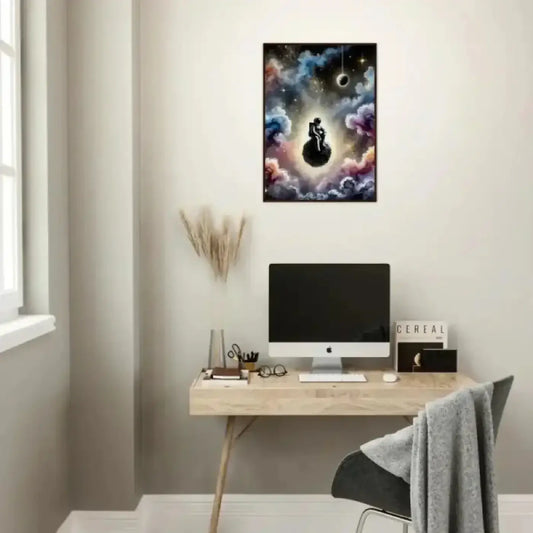 Gerahmtes poster zwischen sternen und stille mit silhouette auf schwebender kugel vor kosmischem hintergrund in blau und lila