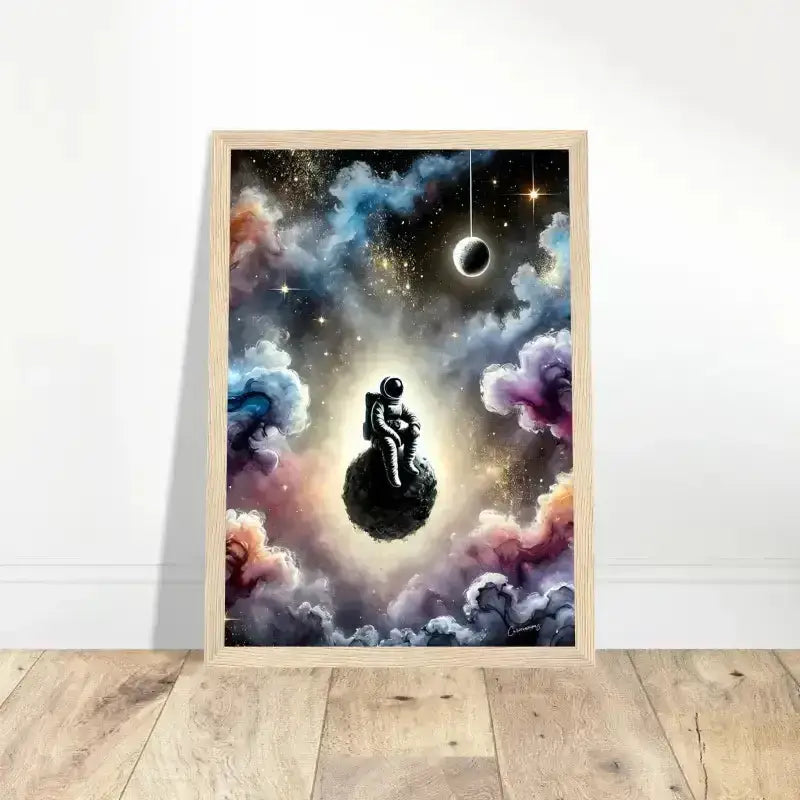 Gerahmtes Poster Zwischen Sternen und Stille mit Astronaut auf Herz