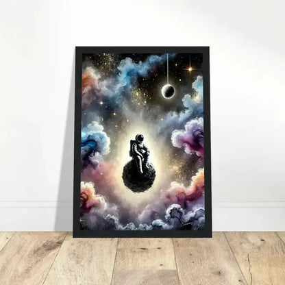 Gerahmtes Poster Zwischen Sternen und Stille mit Astronaut auf Mond