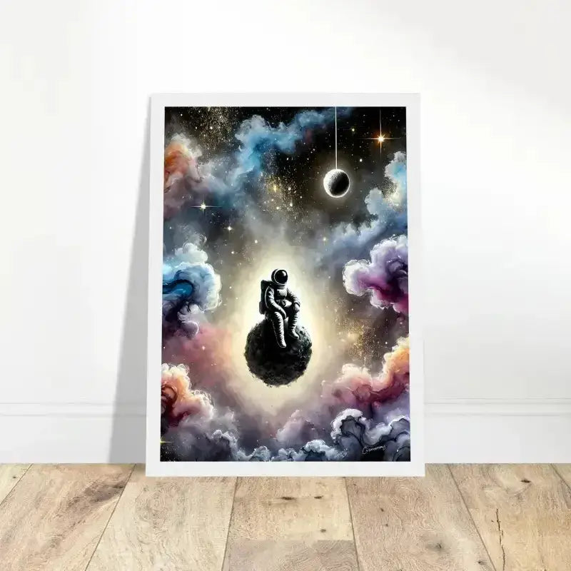 Gerahmtes Poster: Astronaut im All mit buntem Nebel und Sternen