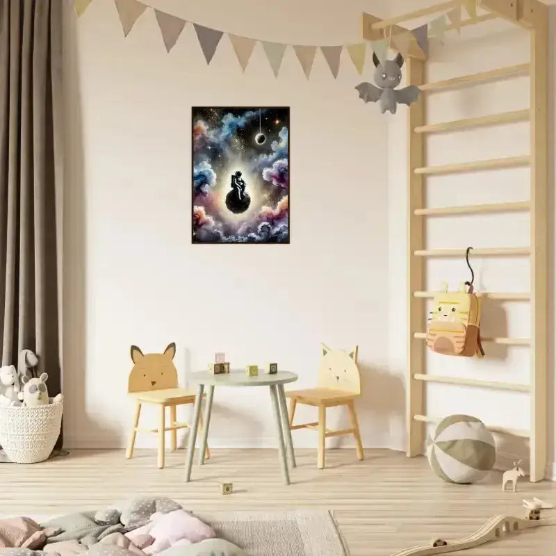 Gerahmtes Poster Zwischen Sternen und Stille mit Holz-Tischstühlen-Set