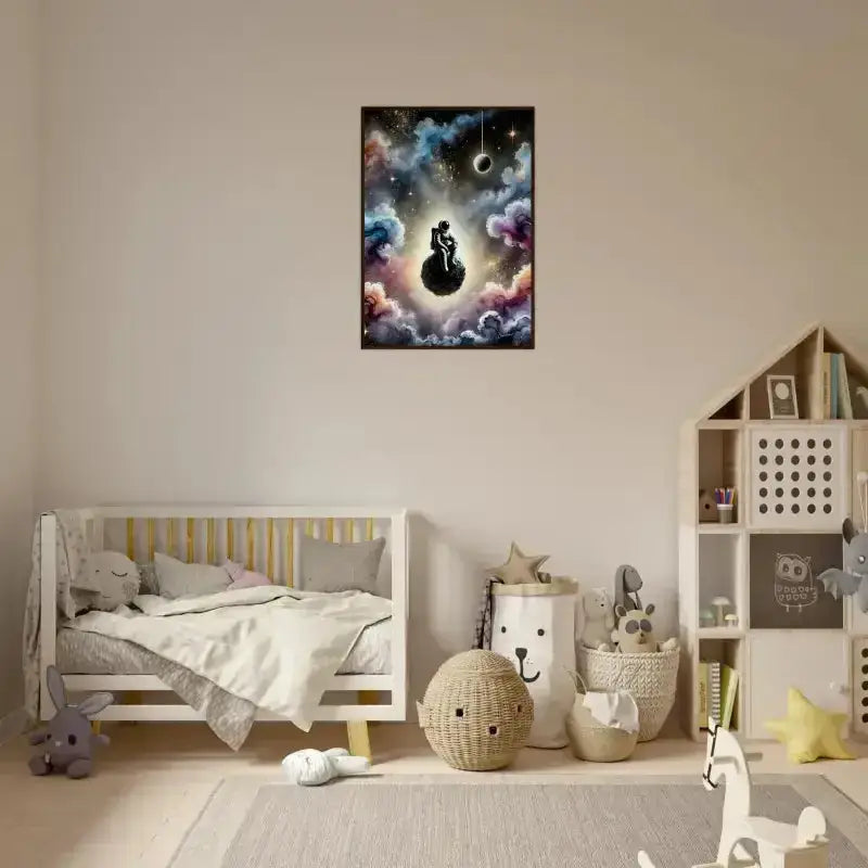 Gerahmtes Poster Zwischen Sternen und Stille mit schwarzer Katze und kosmischem Hintergrund