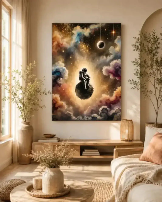 Zwischen sternen und stille poster mit träumendem astronaut auf leuchtendem planeten vor orange-lila-blauem nebelfeld kunst