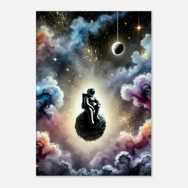 Träumender Astronaut in schwarzem Anzug mit Kugel und Sternen