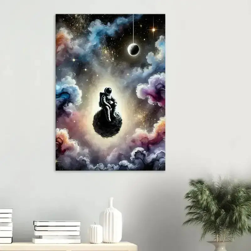 Träumender schwarzer Astronaut mit schwebendem Planetenposter auf Leinwand