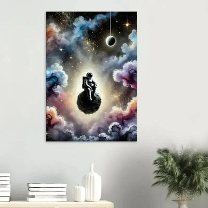 Träumender schwarzer Astronaut mit schwebendem Planetenposter auf Leinwand