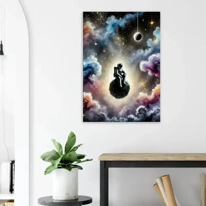 Schwarze Globus-Wandkunst mit träumender Astronautin im Raum, Leinwand Zwischen Sternen und Stille