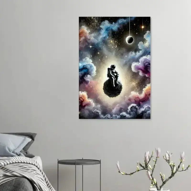 Schwarze Kugel-Wandkunst mit träumendem Astronauten in Raum, Leinwand
