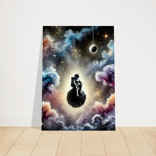 Abstraktes Schwarz-Weiß-Poster Zwischen Sternen und Stille mit Figur im Raum