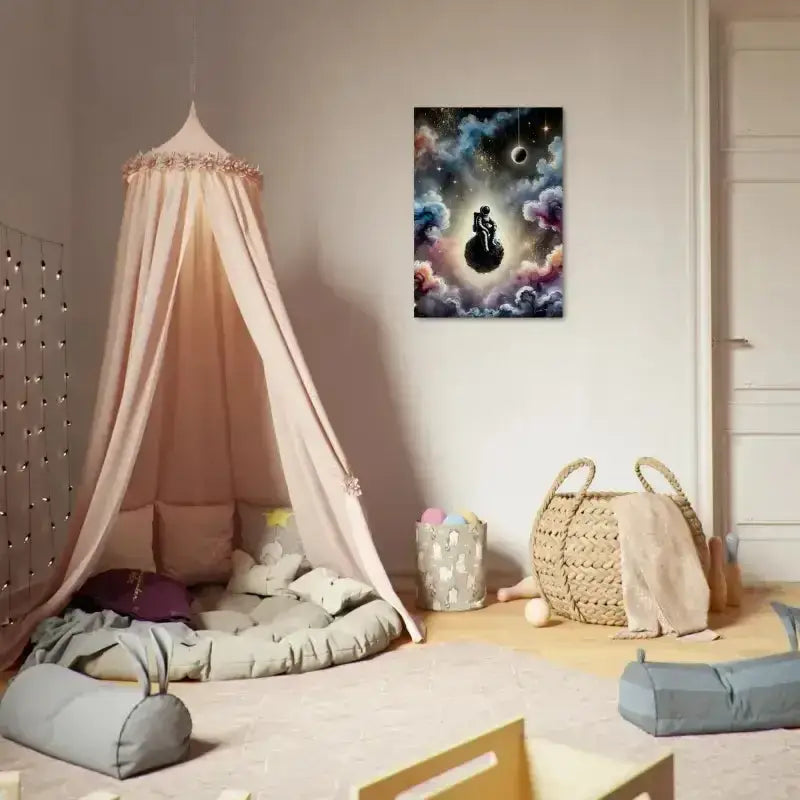 Rosa Baldachinbett mit weißem Netz, grauen Kissen und Sternen-Stille-Poster