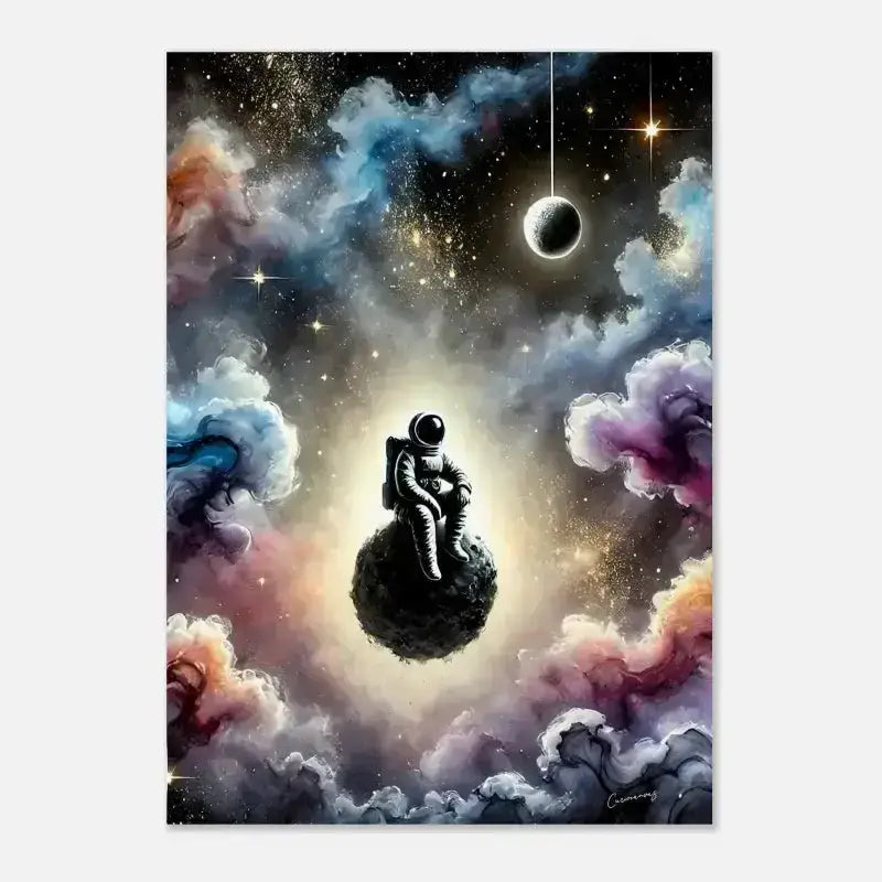 Schwarzer Astronaut in Raumanzug mit Glühbirnenhelm, schwebend zwischen Sternen und Stille