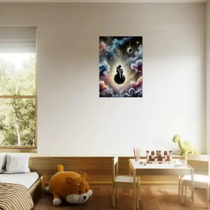 Zwei Figuren umarmen sich unter Sternen und Stille, kosmisches Poster