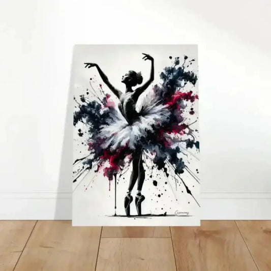 Striking schwarz-weiß ekstase poster mit ballerina-silhouette und rotem grauem farbsplash auf leinwandprint kunst