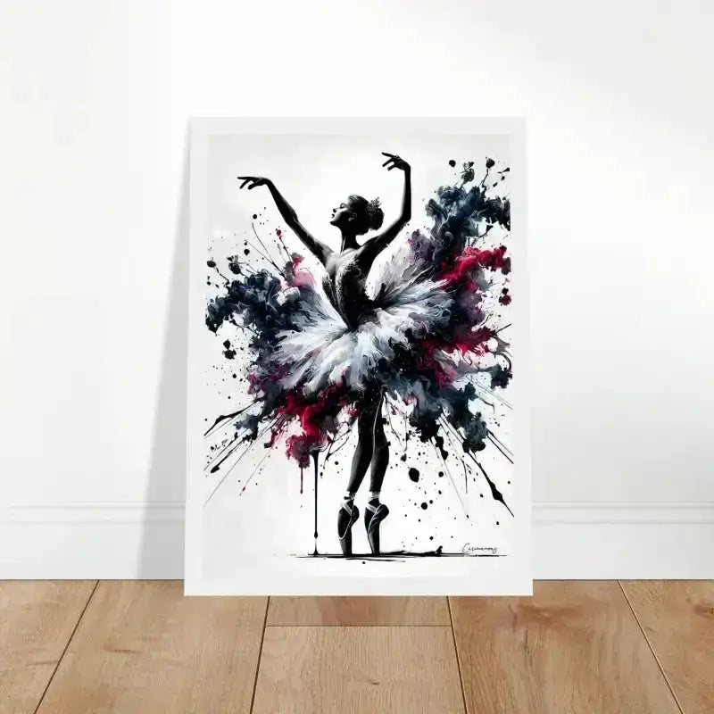 Ekstase gerahmtes Poster: Ballerina-Art-Print in Schwarz-Weiß mit Farbspritzern