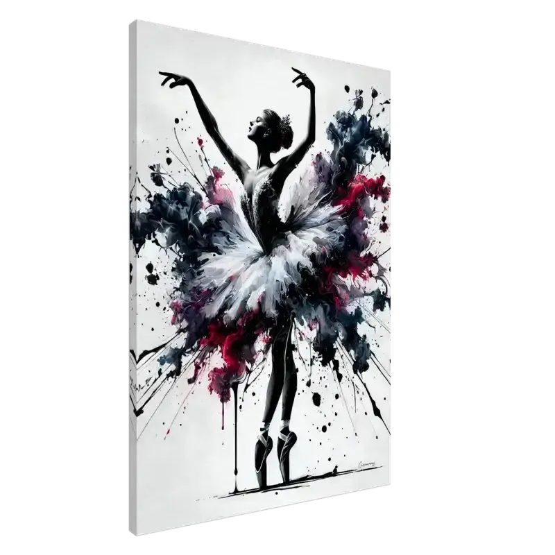 Schwarz-weiß-Ballerina mit farbigen Spritzern auf Curiocanvas-Leinwand Bewegung