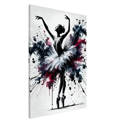 Schwarz-weiß-Ballerina mit farbigen Spritzern auf Curiocanvas-Leinwand Bewegung