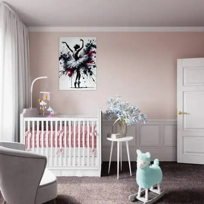 Weiße Wiege mit rosa Bettwäsche und Blumenmuster auf Leinwand