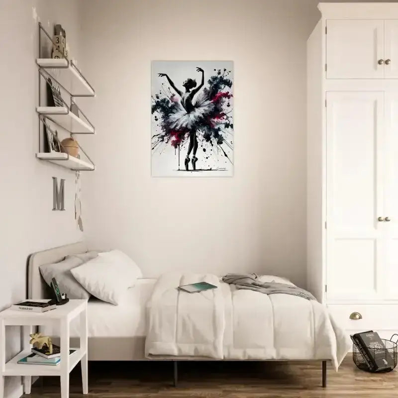 Ballerina-Bild mit schwarzen und pinken Spritzern auf weißem Hintergrund, Ekstase-Poster